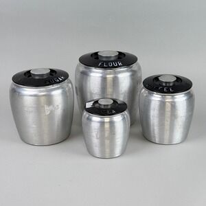 Vintage Kromex Aluminum Canister Set of 4 Flour Sugar Coffee Tea Black Lids